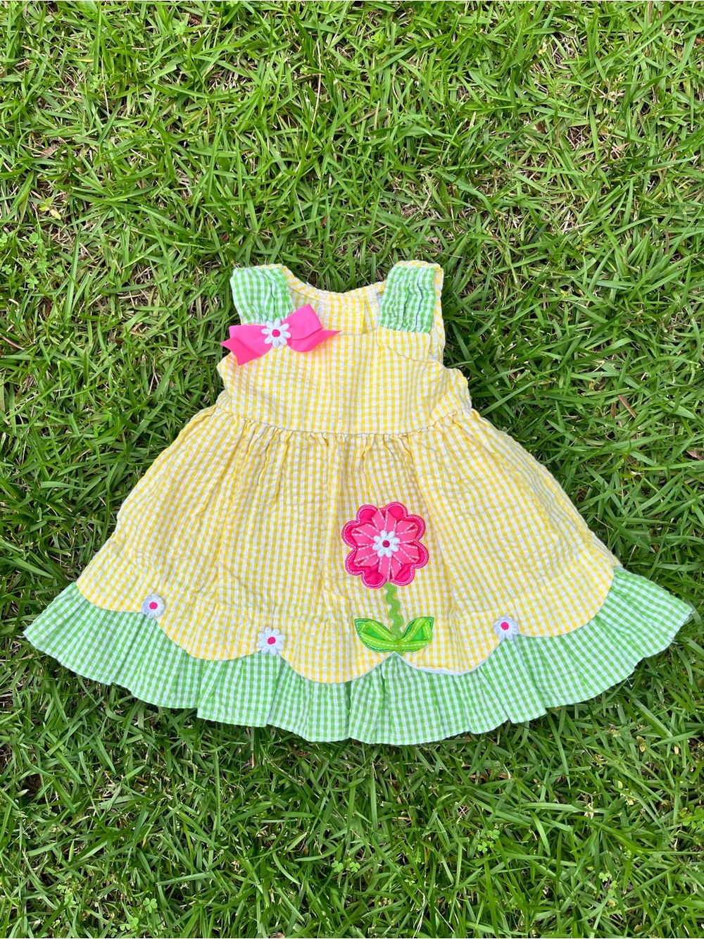 Rare Editions Yellow & Green Gingham Flower Toddler Dress with Pink Accents